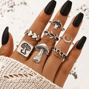 Rings Mushroom Finger 7pc Set Silver Hearts Wonderland Boho Hippie Stackable NEW